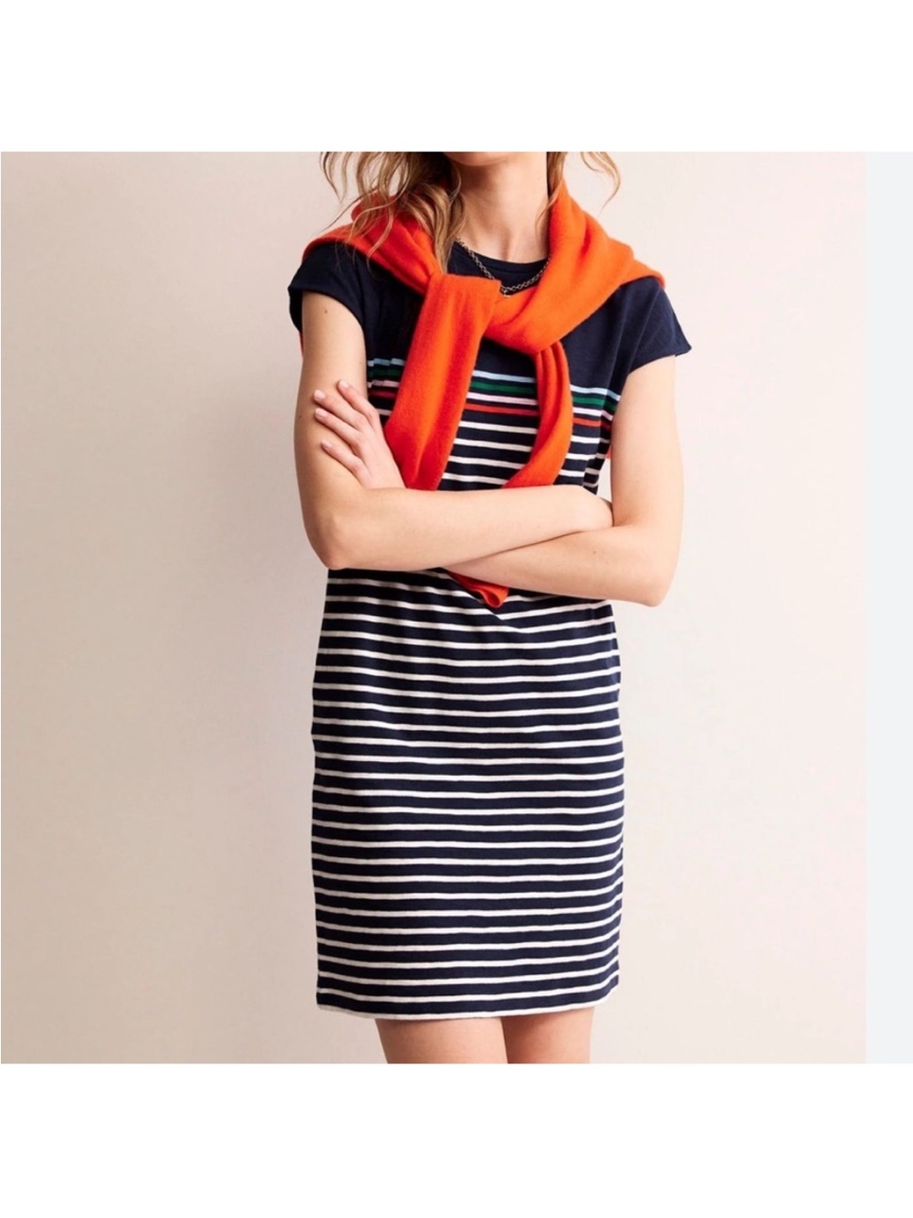 Boden Navy and White Striped Mini Dress with Orange Accent